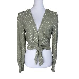 Entro Women's Crop Top Sz M Long Sleeves Tie Front Green White Polka Dots